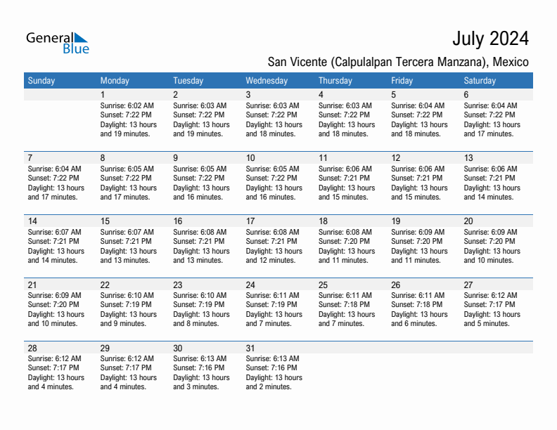 San Vicente (Calpulalpan Tercera Manzana) July 2024 sunrise and sunset calendar in PDF, Excel, and Word