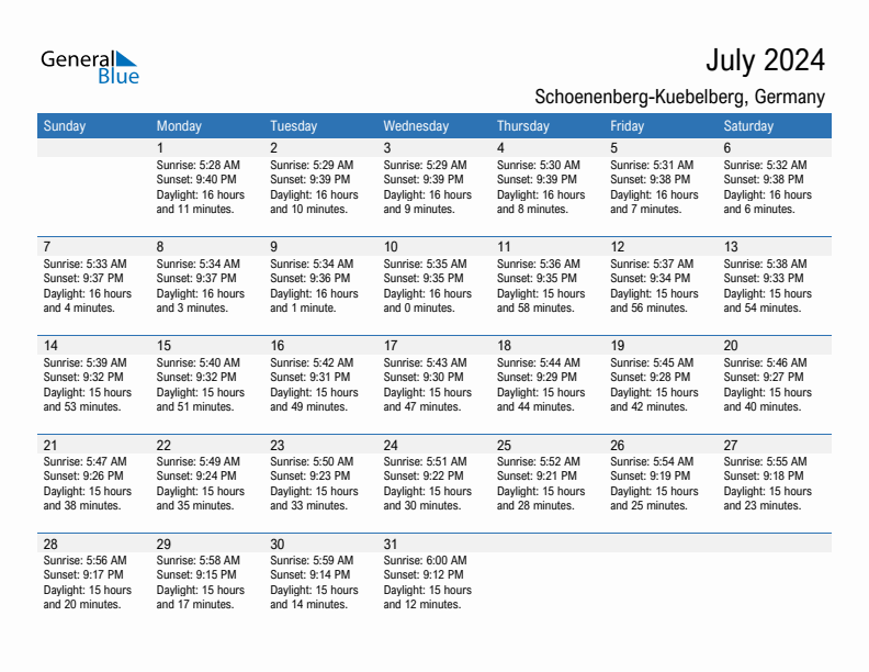 Schoenenberg-Kuebelberg July 2024 sunrise and sunset calendar in PDF, Excel, and Word