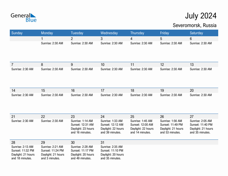 Severomorsk July 2024 sunrise and sunset calendar in PDF, Excel, and Word