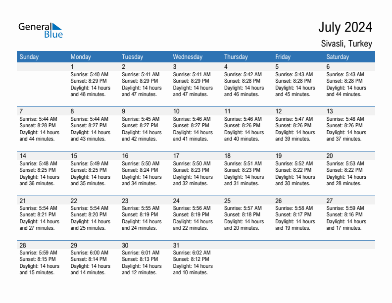 Sivasli July 2024 sunrise and sunset calendar in PDF, Excel, and Word