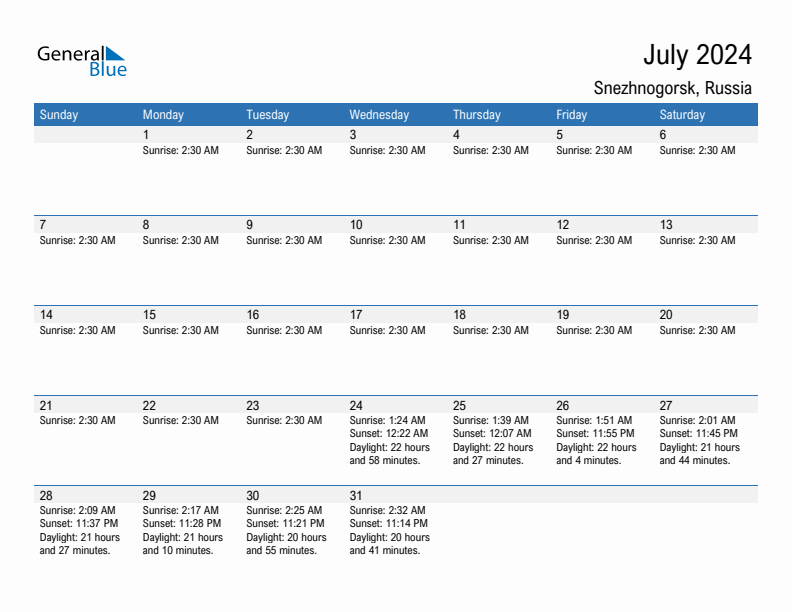 Snezhnogorsk July 2024 sunrise and sunset calendar in PDF, Excel, and Word