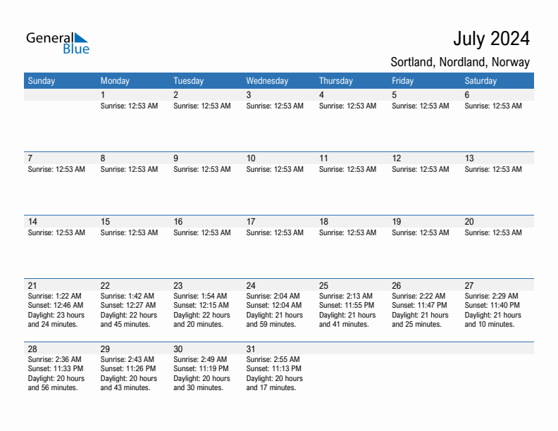 Sortland July 2024 sunrise and sunset calendar in PDF, Excel, and Word