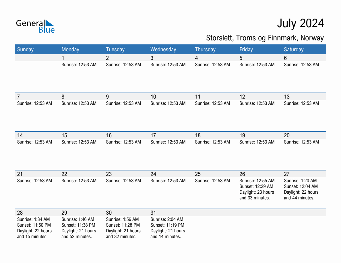 July 2024 sunrise and sunset calendar for Storslett