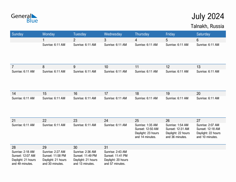 Talnakh July 2024 sunrise and sunset calendar in PDF, Excel, and Word