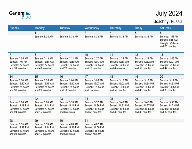 Udachny July 2024 sunrise and sunset calendar in PDF, Excel, and Word