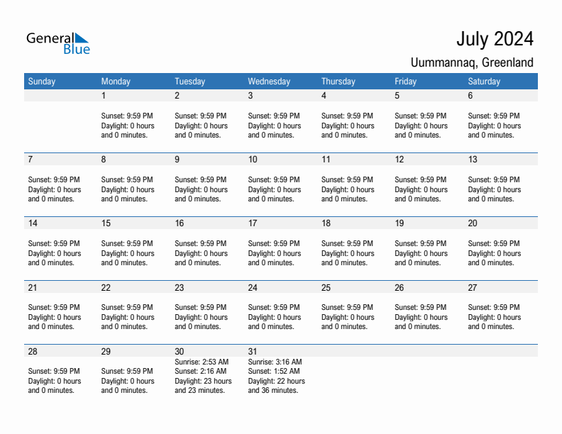 Uummannaq July 2024 sunrise and sunset calendar in PDF, Excel, and Word