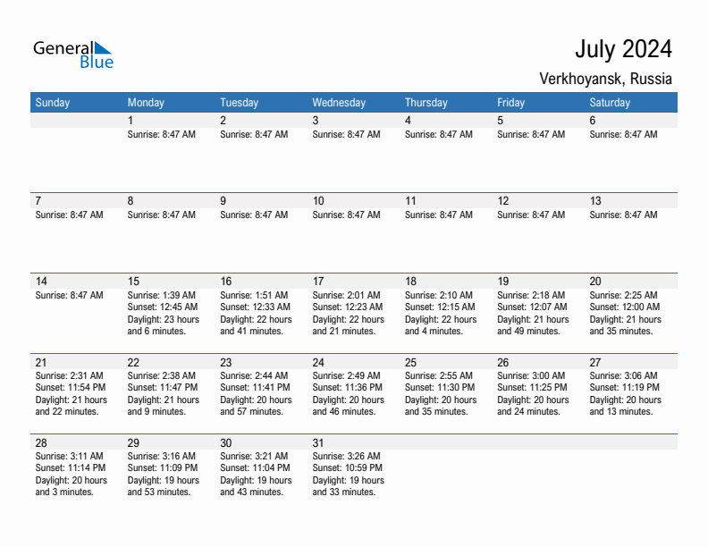 Verkhoyansk July 2024 sunrise and sunset calendar in PDF, Excel, and Word