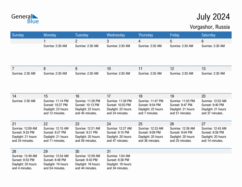 Vorgashor July 2024 sunrise and sunset calendar in PDF, Excel, and Word