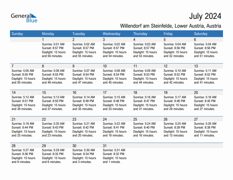 Willendorf am Steinfelde July 2024 sunrise and sunset calendar in PDF, Excel, and Word