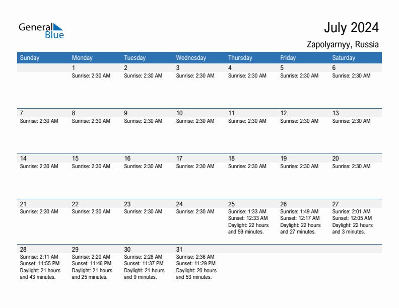 Zapolyarnyy July 2024 sunrise and sunset calendar in PDF, Excel, and Word