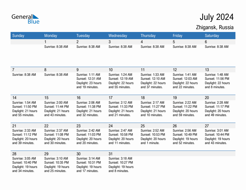 Zhigansk July 2024 sunrise and sunset calendar in PDF, Excel, and Word