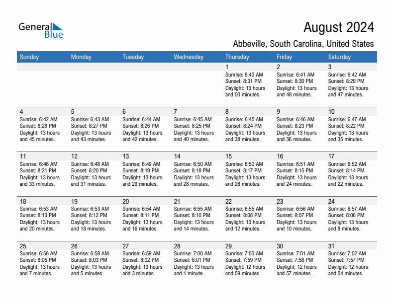 Abbeville August 2024 sunrise and sunset calendar in PDF, Excel, and Word