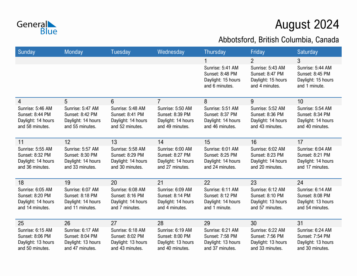 August 2024 sunrise and sunset calendar for Abbotsford