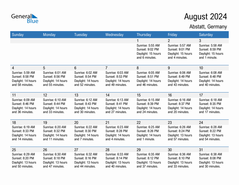 Abstatt August 2024 sunrise and sunset calendar in PDF, Excel, and Word