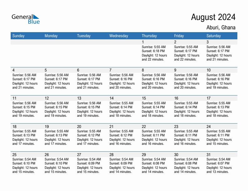 Aburi August 2024 sunrise and sunset calendar in PDF, Excel, and Word