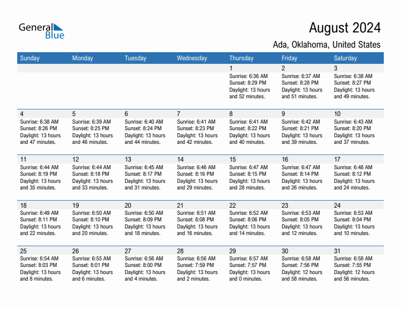 Ada August 2024 sunrise and sunset calendar in PDF, Excel, and Word