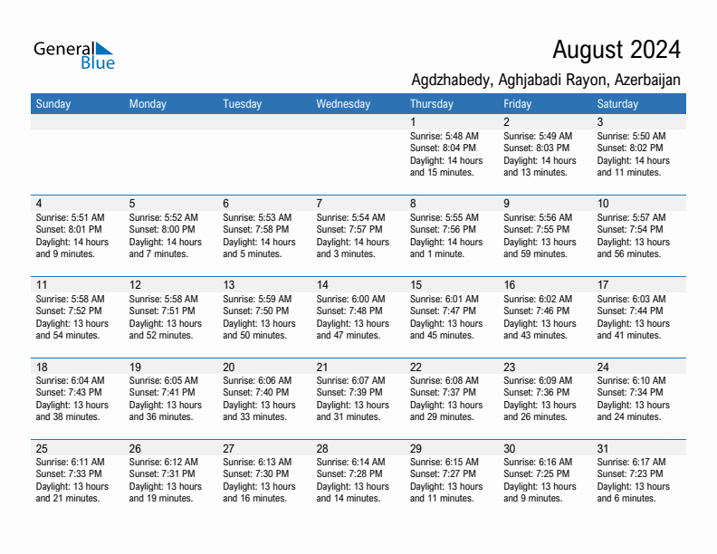 Agdzhabedy August 2024 sunrise and sunset calendar in PDF, Excel, and Word