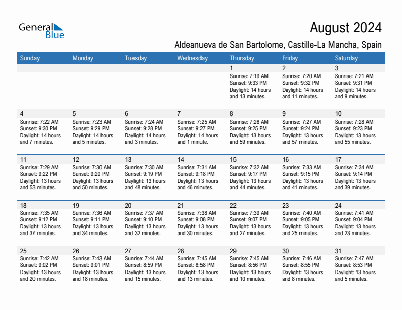 Aldeanueva de San Bartolome August 2024 sunrise and sunset calendar in PDF, Excel, and Word