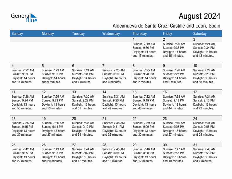 Aldeanueva de Santa Cruz August 2024 sunrise and sunset calendar in PDF, Excel, and Word