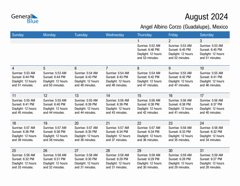 Angel Albino Corzo (Guadalupe) August 2024 sunrise and sunset calendar in PDF, Excel, and Word