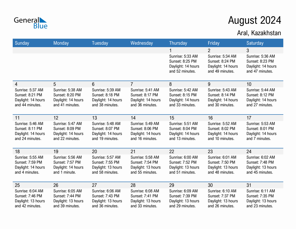 August 2024 sunrise and sunset calendar for Aral