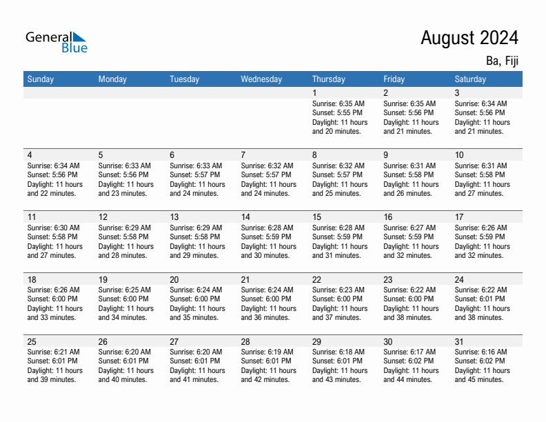 Ba August 2024 sunrise and sunset calendar in PDF, Excel, and Word