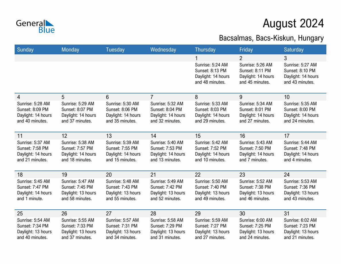 August 2024 sunrise and sunset calendar for Bacsalmas