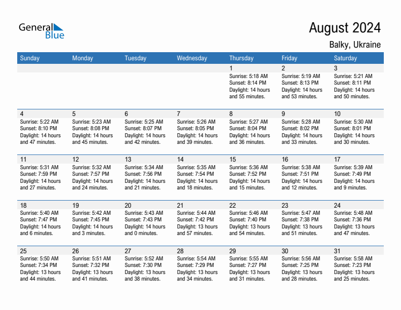 Balky August 2024 sunrise and sunset calendar in PDF, Excel, and Word