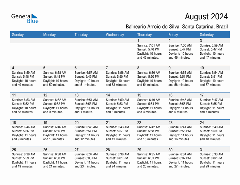 Balneario Arroio do Silva August 2024 sunrise and sunset calendar in PDF, Excel, and Word