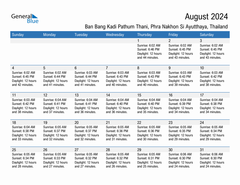 Ban Bang Kadi Pathum Thani August 2024 sunrise and sunset calendar in PDF, Excel, and Word