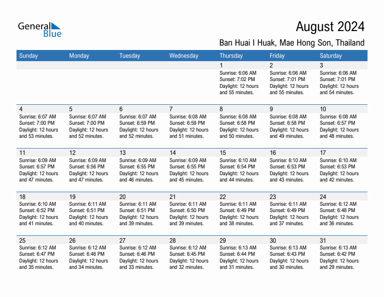Ban Huai I Huak August 2024 sunrise and sunset calendar in PDF, Excel, and Word