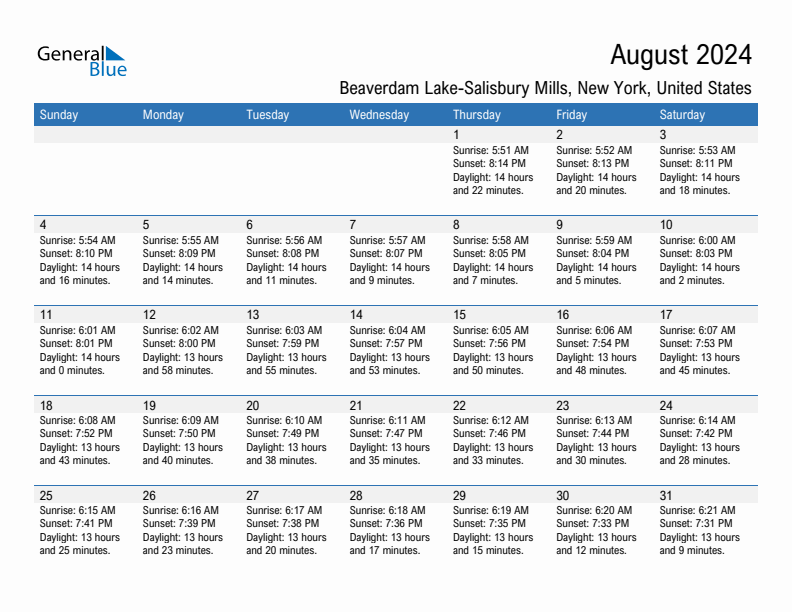 Beaverdam Lake-Salisbury Mills August 2024 sunrise and sunset calendar in PDF, Excel, and Word