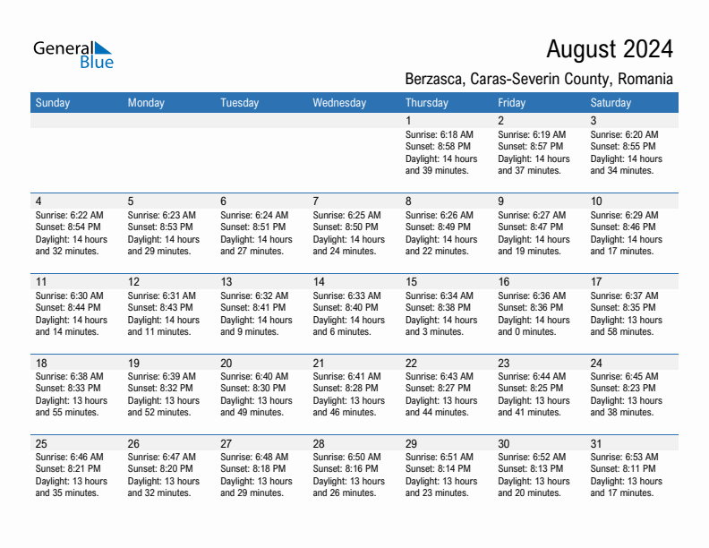 Berzasca August 2024 sunrise and sunset calendar in PDF, Excel, and Word