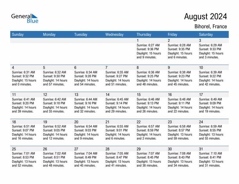 Bihorel August 2024 sunrise and sunset calendar in PDF, Excel, and Word