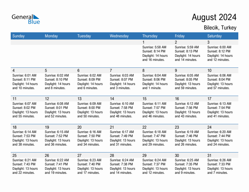 Bilecik August 2024 sunrise and sunset calendar in PDF, Excel, and Word