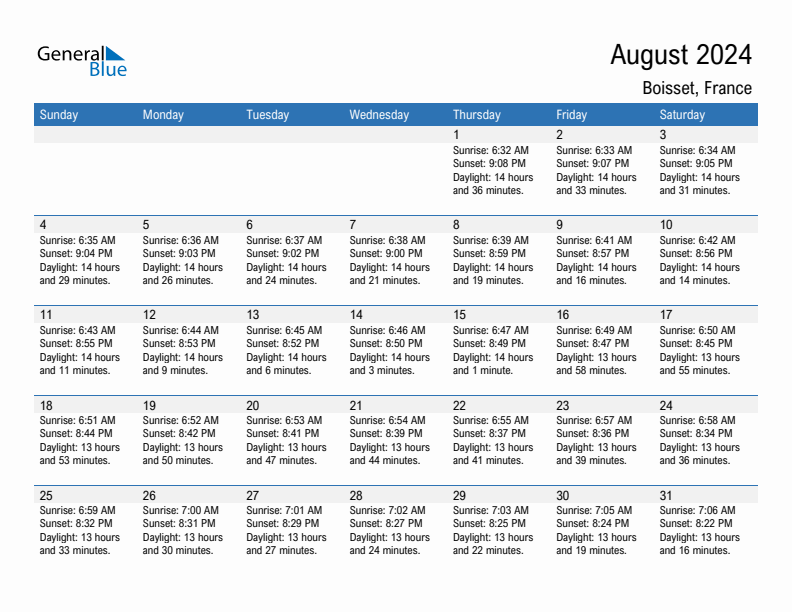 Boisset August 2024 sunrise and sunset calendar in PDF, Excel, and Word