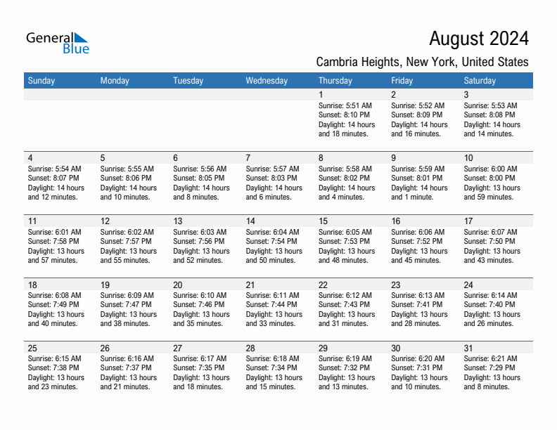 Cambria Heights August 2024 sunrise and sunset calendar in PDF, Excel, and Word