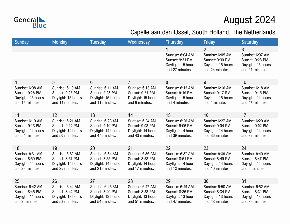 August 2024 sunrise and sunset calendar for Capelle aan den IJssel