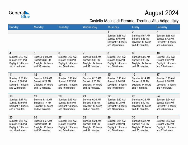 Castello Molina di Fiemme August 2024 sunrise and sunset calendar in PDF, Excel, and Word