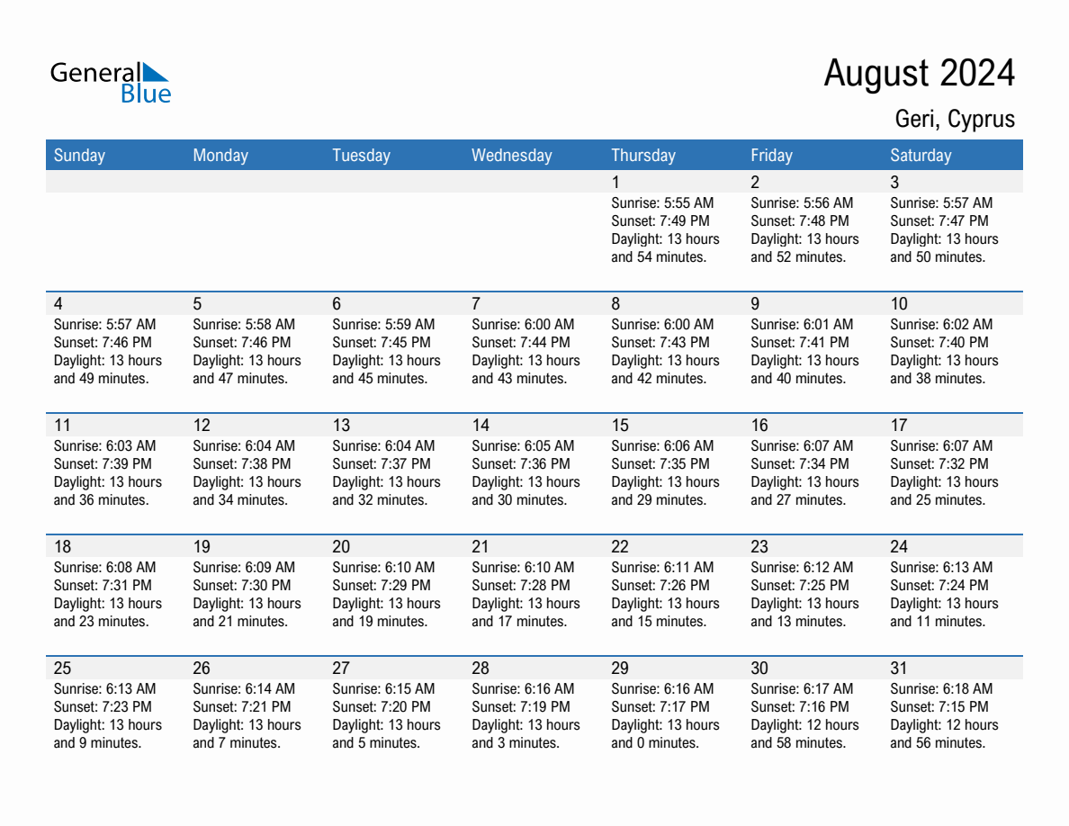 August 2024 sunrise and sunset calendar for Geri