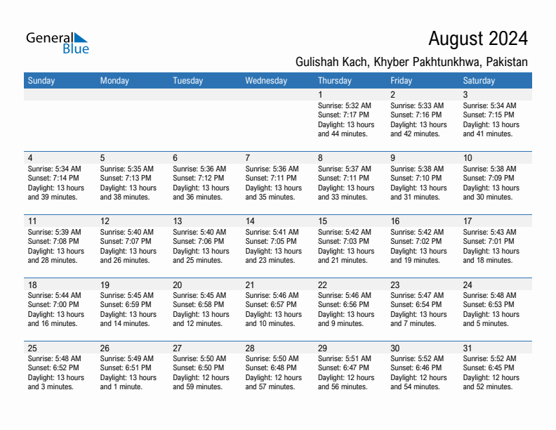 Gulishah Kach August 2024 sunrise and sunset calendar in PDF, Excel, and Word