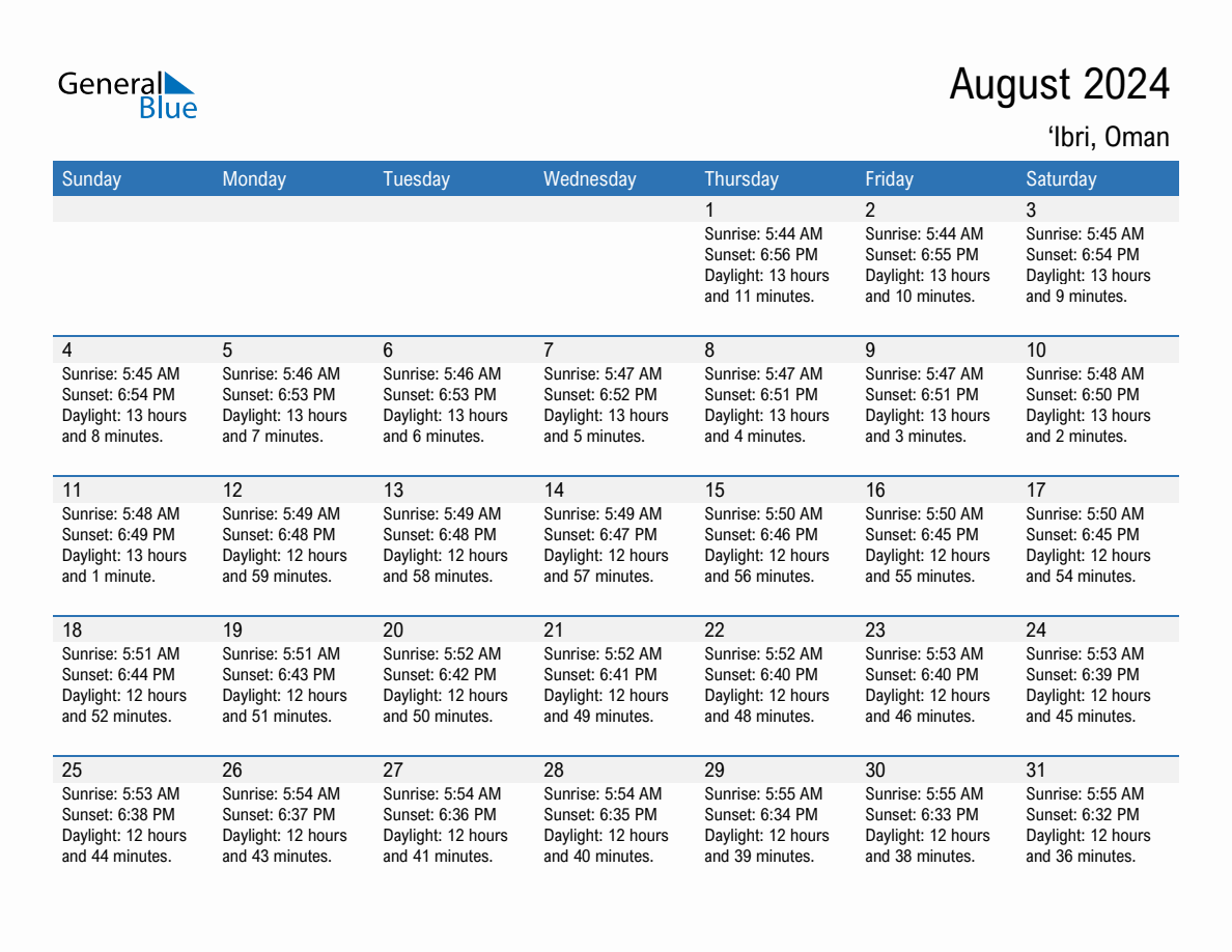 August 2024 sunrise and sunset calendar for 'Ibri