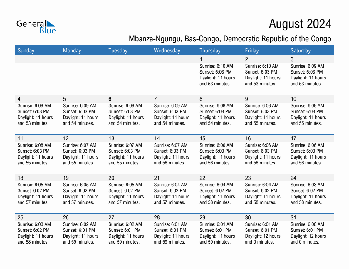 August 2024 sunrise and sunset calendar for Mbanza-Ngungu