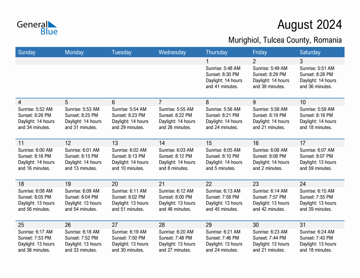 August 2024 sunrise and sunset calendar for Murighiol