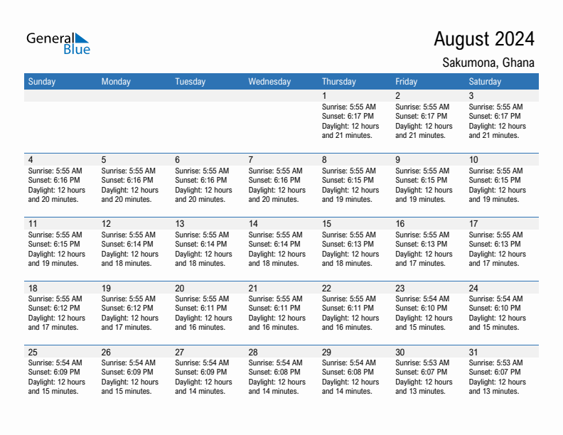 Sakumona August 2024 sunrise and sunset calendar in PDF, Excel, and Word