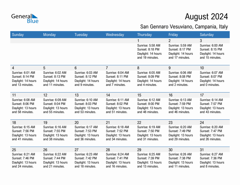 San Gennaro Vesuviano August 2024 sunrise and sunset calendar in PDF, Excel, and Word