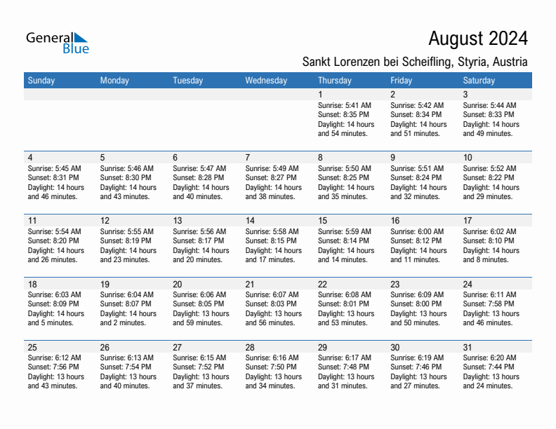 Sankt Lorenzen bei Scheifling August 2024 sunrise and sunset calendar in PDF, Excel, and Word