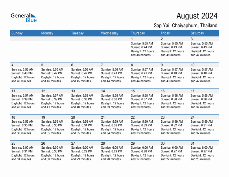 Sap Yai August 2024 sunrise and sunset calendar in PDF, Excel, and Word