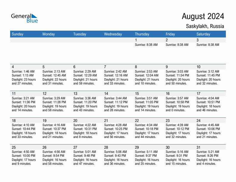 Saskylakh August 2024 sunrise and sunset calendar in PDF, Excel, and Word