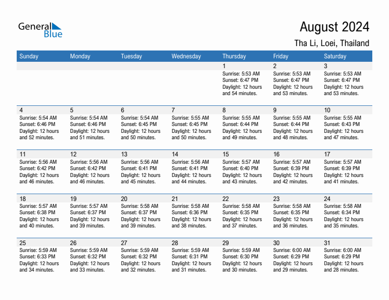 Tha Li August 2024 sunrise and sunset calendar in PDF, Excel, and Word
